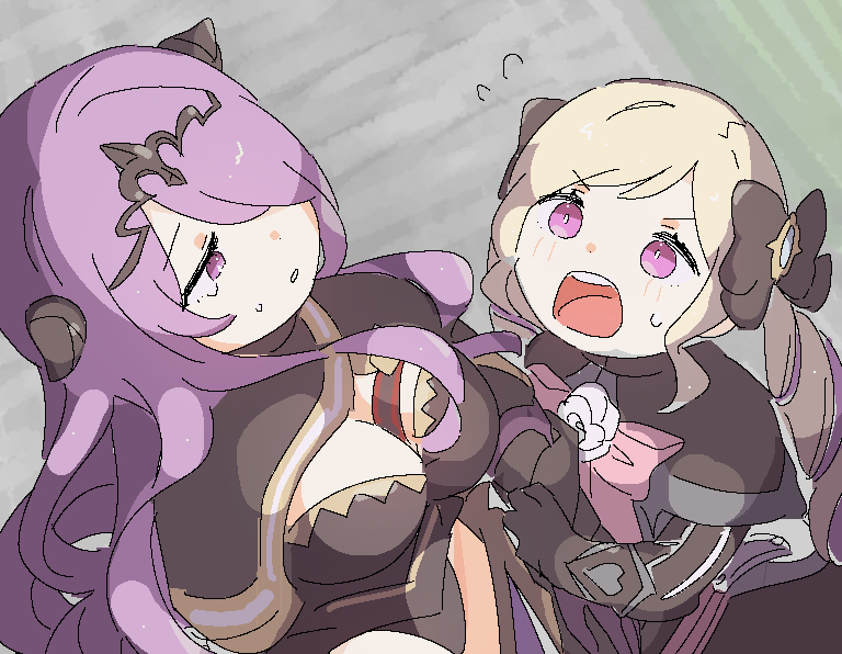 aristocratic_clothes armor black_armor blonde_hair breasts camilla_(fire_emblem) cleavage drill_hair elise_(fire_emblem) fire_emblem fire_emblem_fates hair_over_one_eye large_breasts multicolored_hair nintendo purple_eyes purple_hair siblings sisters sorane_amus streaked_hair tiara twin_drills twintails wavy_hair