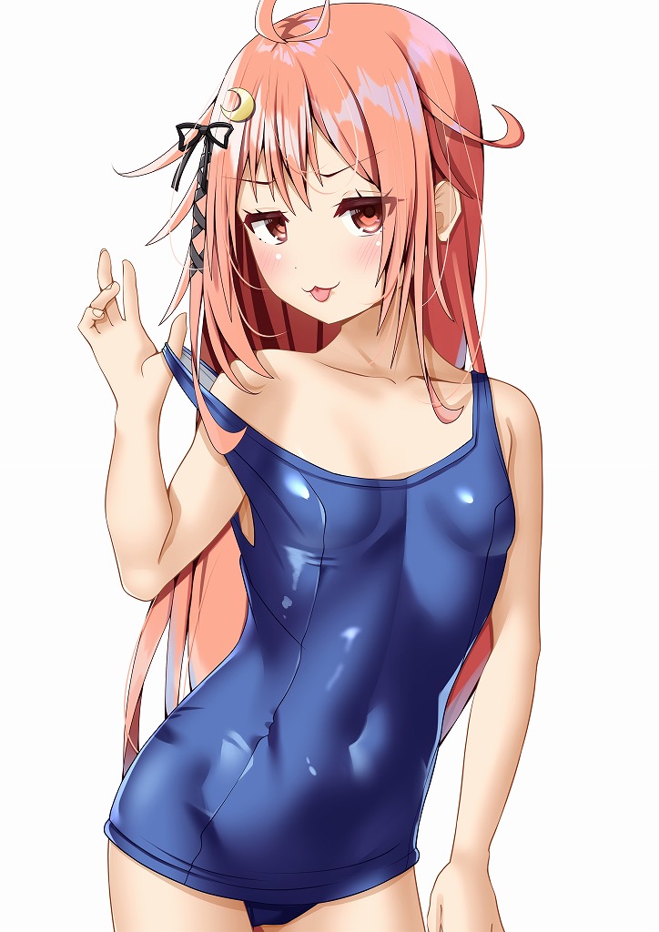 1girl ahoge alternate_costume amano_miyako blue_one-piece_swimsuit breasts clothes_pull commentary_request covered_navel cowboy_shot crescent crescent_hair_ornament hair_ornament kantai_collection long_hair one-piece_swimsuit one-piece_swimsuit_pull orange_eyes orange_hair school_swimsuit simple_background small_breasts solo swimsuit tongue tongue_out uzuki_(kancolle) white_background