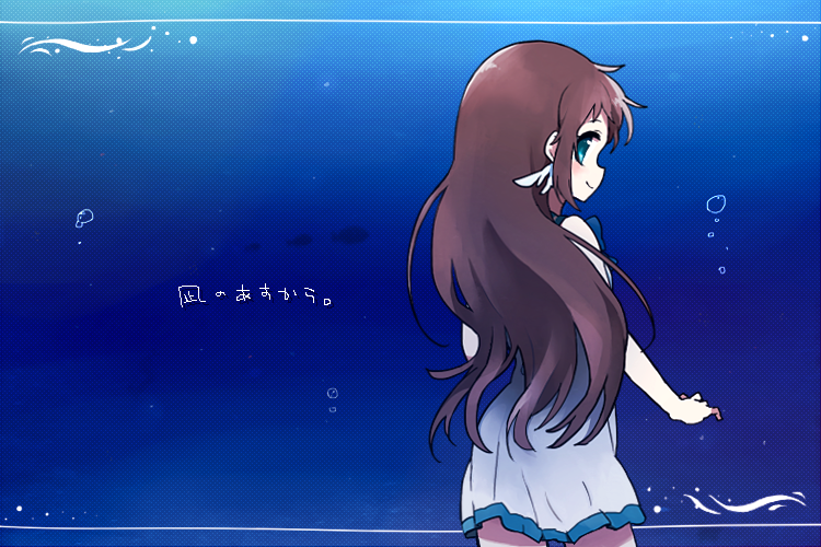 10s 1girl bad_id bad_pixiv_id bikini blue_eyes brown_hair dress from_behind long_hair mukaido_manaka nagi_no_asukara ruri_(2620981) sailor_dress school_uniform serafuku swimsuit