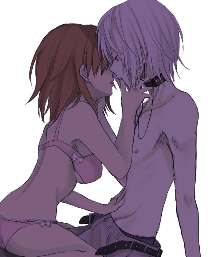 1boy 1girl accelerator_(toaru_majutsu_no_index) albino ass bare_arms bare_shoulders belt black_belt black_choker bow bow_bra bow_panties bra breasts brown_hair choker commentary_request couple dark_foreground electrodes feet_out_of_frame finger_to_another&#039;s_mouth from_side glowing glowing_eyes grey_pants hair_over_one_eye hand_on_another&#039;s_stomach hetero imminent_kiss looking_at_another medium_breasts medium_hair messy_hair misaka_worst navel negiko123123 one_eye_covered open_belt pale_skin panties pants parted_lips pink_bra pink_panties red_eyes short_hair sidelocks simple_background sitting sitting_on_lap sitting_on_person skinny toaru_majutsu_no_index toaru_majutsu_no_index:_new_testament topless_male underwear underwear_only white_background white_hair