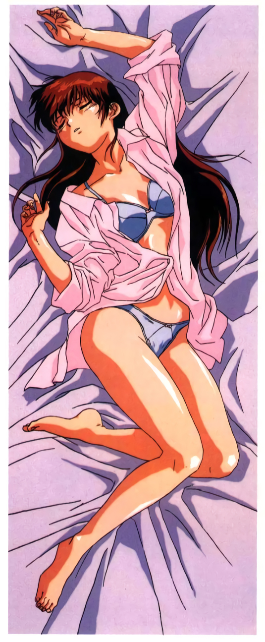 1990s_(style) 1girl barefoot blue_seed bra brown_hair closed_eyes feet female_focus fujimiya_momiji highres long_hair long_sleeves non-web_source official_art panties retro_artstyle sleeves_past_wrists solo toes underwear