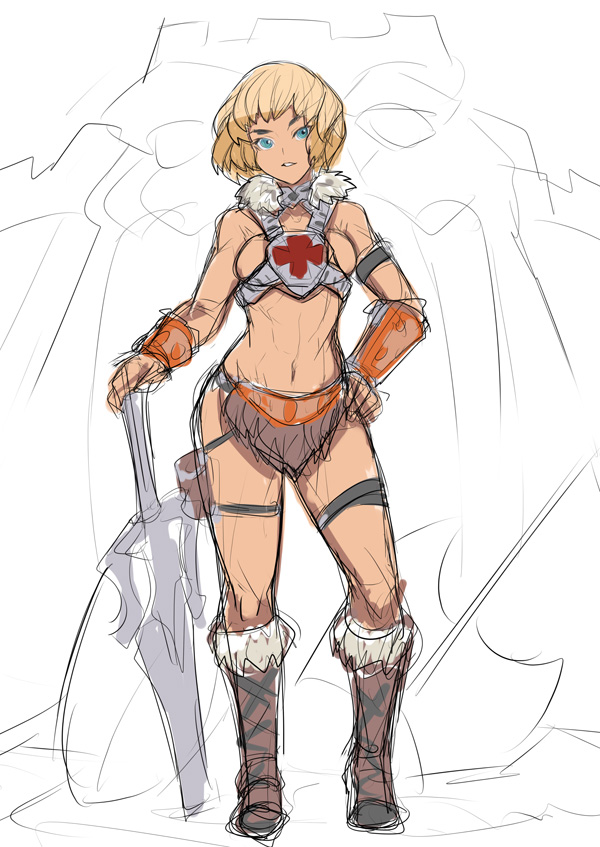 1girl abs animification arm_guards armor ban!_(bansankan) blonde_hair blue_eyes boots breasts eyebrows female_focus fur gauntlets genderswap genderswap_(mtf) he-man masters_of_the_universe short_hair sideboob sketch solo sword weapon