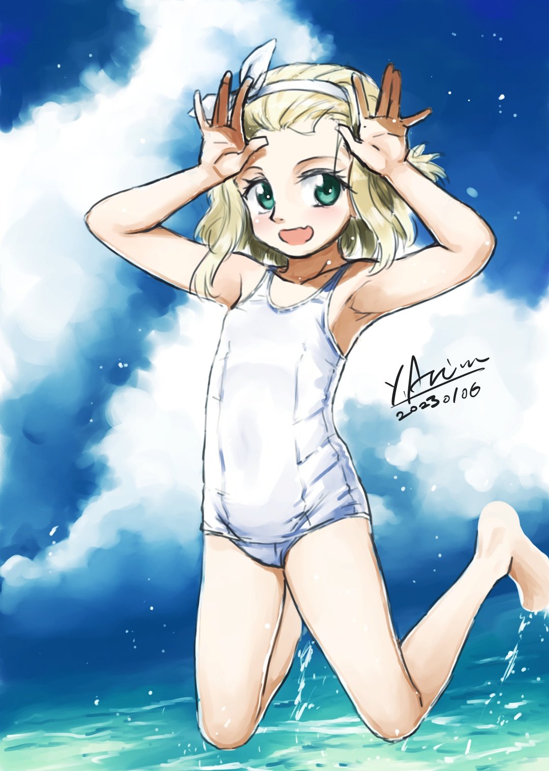 1girl arimura_yuu barefoot blonde_hair blue_sky cloud commentary_request dated green_eyes hairband hashtag-only_commentary highres i-504_(kancolle) jumping kantai_collection looking_at_viewer luigi_torelli_(kancolle) one-piece_swimsuit school_swimsuit short_hair signature sky solo swimsuit water white_hairband white_one-piece_swimsuit