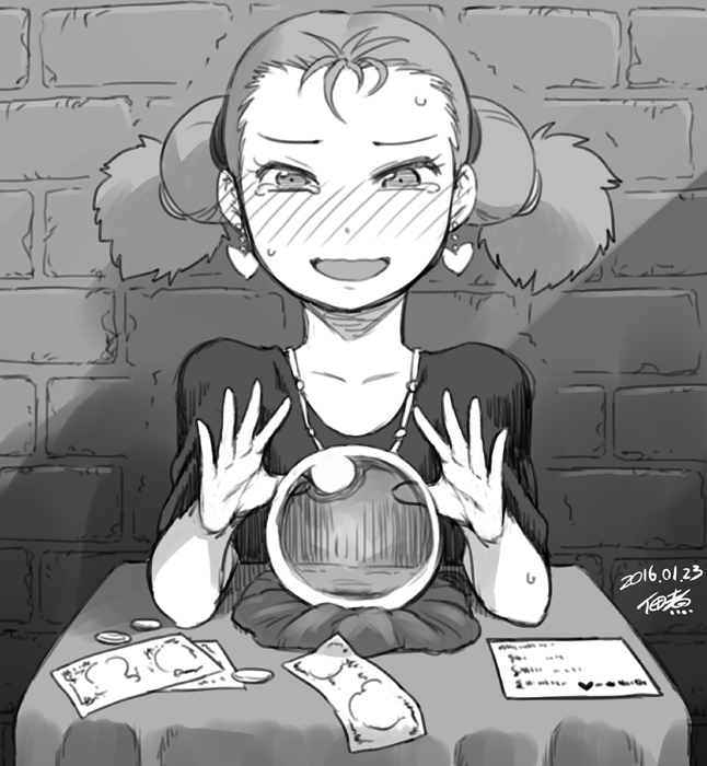 1980s_(style) 1girl antenna_hair artist_name blush crystal_ball dated earrings extra female_focus forehead greyscale heart heart_earrings jewelry majo_no_takkyuubin money monochrome multi-tied_hair necklace oldschool retro_artstyle senior_witch_(majo_no_takkyuubin) signature solo teardrop tears tsukudani_(coke-buta) twintails wavy_mouth