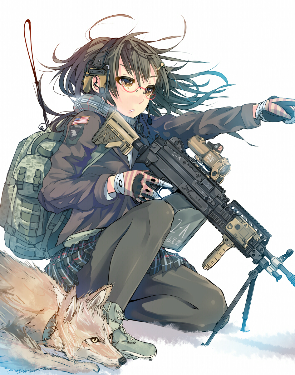 1girl american_flag bag bipod black_hair black_pantyhose breath brown_eyes camouflage coyote daito female_focus glasses gloves gun headphones headset highres jacket light_machine_gun long_hair m249_saw machine_gun on_one_knee original pantyhose plaid_clothes plaid_scarf plaid_skirt pointing scarf scope skirt snow solo squad_automatic_weapon squatting stand weapon