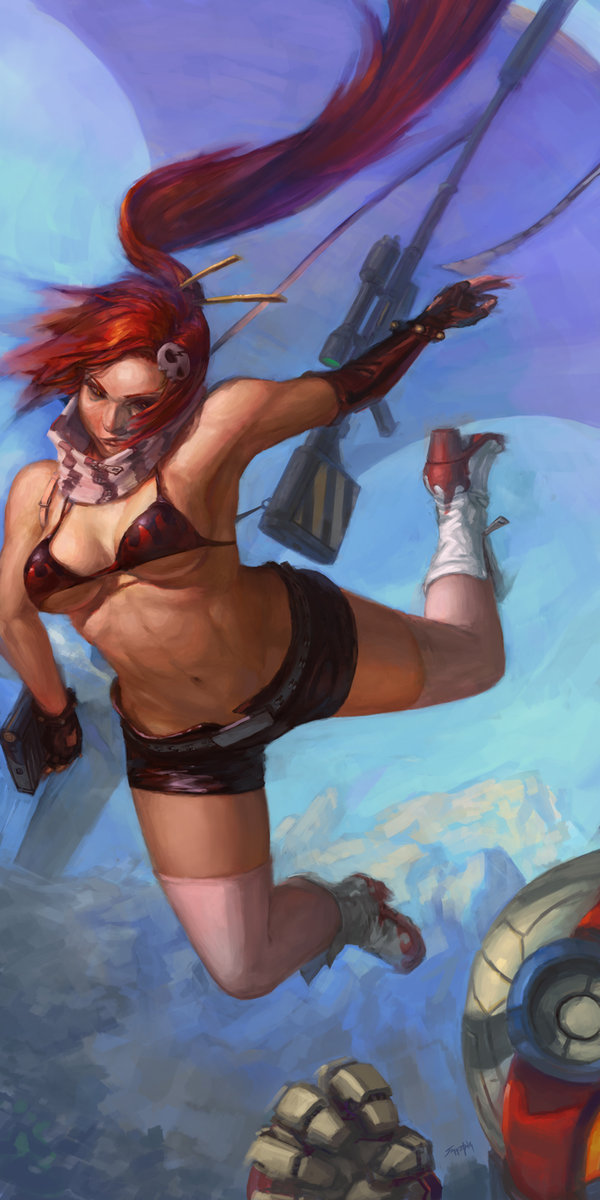 00s 1girl anti-materiel_rifle bikini bikini_top_only boots breasts cleavage fingerless_gloves gloves gun hair_ornament highres jeff_zhang lagann long_hair realistic rifle scarf short_shorts shorts sniper_rifle solo_focus swimsuit tengen_toppa_gurren_lagann thighhighs weapon yoko_littner