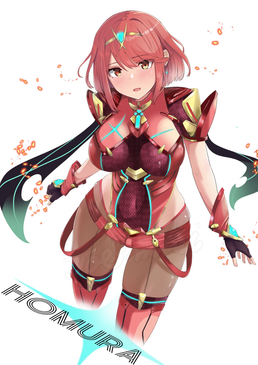1girl backless_outfit blush bob_cut breasts character_name chest_jewel core_crystal_(xenoblade) earrings fingerless_gloves floating_earrings furrowed_brow gloves gluteal_fold highres impossible_clothes jewelry jouzaburou_(joe3) large_breasts nintendo pantyhose pantyhose_under_shorts pyra_(xenoblade) red_eyes red_hair red_shorts red_thighhighs short_hair short_sleeves shorts solo super_smash_bros. suspenders swept_bangs thighhighs thighhighs_over_pantyhose tiara xenoblade_chronicles_(series) xenoblade_chronicles_2