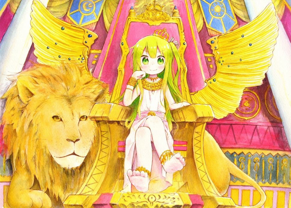 1girl anklet artistic_error banner barefoot bracelet crossed_legs crown dress feet female_focus full_body green_eyes green_hair hand_on_own_cheek hand_on_own_face jewelry lion looking_at_viewer necklace nipeira original pillar sitting solo throne toes white_dress wings wrong_foot