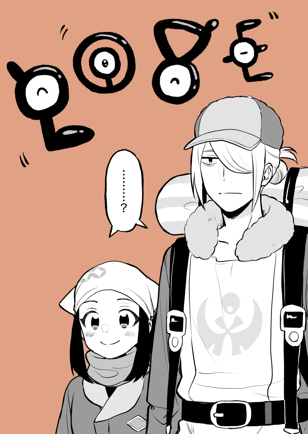... 1boy 1girl ? akari_(pokemon) backpack bag commentary_request gen_2_pokemon hair_over_one_eye hat headscarf highres light_frown m_(mrtarou) nintendo one_eye_covered pokemon pokemon_(creature) pokemon_legends:_arceus scarf short_hair sidelocks simple_background smile spoken_ellipsis unown unownglyphics upper_body volo_(pokemon)