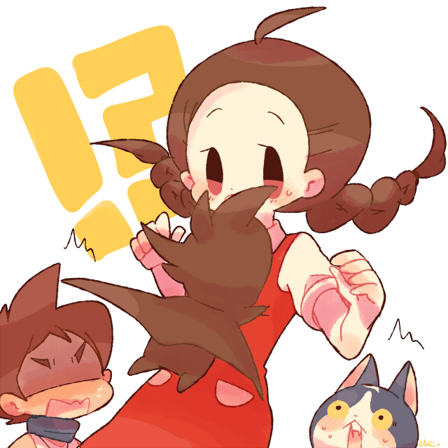 !? ^^^ 10s 1boy 1girl amano_yukiko_(youkai_watch) blush braid brown_hair cat character_request chiyoko_(oman1229) fuyunyan keizou long_hair no_eyes open_mouth short_hair sweat twin_braids white_background traditional_youkai youkai_watch