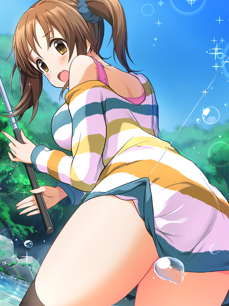 1girl ass ass_focus back blue_scrunchie blue_sky blurry blush breasts brown_eyes brown_hair clothes_lift depth_of_field dot_nose dress fishing fishing_line fishing_rod from_behind hair_ornament hair_scrunchie highres holding holding_fishing_rod idolmaster idolmaster_cinderella_girls idolmaster_cinderella_girls_starlight_stage large_breasts leaning_forward lens_flare long_hair long_sleeves looking_at_another looking_back multicolored_dress natsuya_(natuya777) open_mouth outdoors pink_shirt rock scrunchie shirt shy single_bare_shoulder single_off_shoulder skirt skirt_lift sky sleeveless sleeveless_shirt solo sparkle splashing strap_slip striped_clothes striped_dress totoki_airi tree twintails water