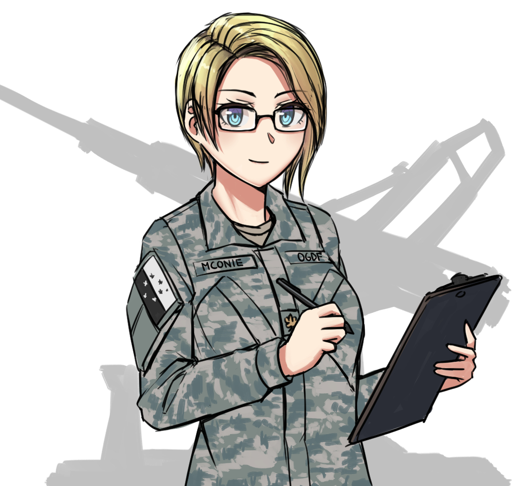 1girl ace_combat ace_combat_7:_skies_unknown black-framed_eyewear blonde_hair blue_eyes camouflage camouflage_jacket cannon character_name clipboard closed_mouth deanna_mconie female_focus glasses holding holding_pencil jacket light_smile long_sleeves looking_at_viewer magnetic_weapon military_jacket monochrome_background namco ndtwofives parted_bangs pencil railgun short_hair simple_background solo stonehenge_(ace_combat) stonehenge_turret_network upper_body white_background