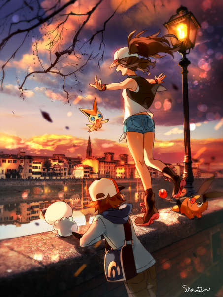 1boy 1girl bag baseball_cap black_vest blue_bag blue_eyes boots brown_hair building cloud commentary_request gen_5_pokemon hat hilbert_(pokemon) hilda_(pokemon) lamppost leaning_forward legendary_pokemon mythical_pokemon naru_(andante) nintendo open_mouth oshawott outdoors outstretched_arms pokemon pokemon_(creature) pokemon_bw shirt short_shorts shorts shoulder_bag signature sky smile socks standing standing_on_one_leg tepig vest victini