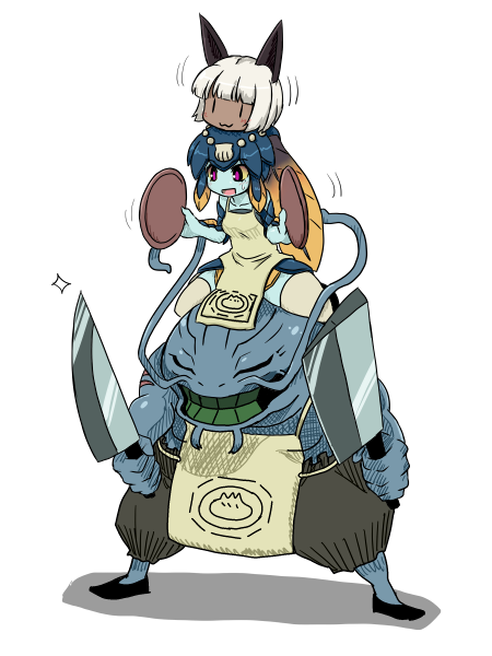 1boy 2girls :3 [] animal_ears apron blue_skin blunt_bangs bob_cut cat_ears chef cleaver closed_eyes colored_sclera colored_skin colored_teeth dark_skin fish_girl gills green_teeth hair_ornament knife merman minette_(skullgirls) monster_boy monster_girl ms._fortune_(skullgirls) multiple_girls nude pink_eyes severed_head shell sitting sitting_on_head sitting_on_person skullgirls sweatdrop thighhighs topless_male tray waitress wariza whiskers white_hair yellow_sclera yu-wan_(skullgirls) |_|