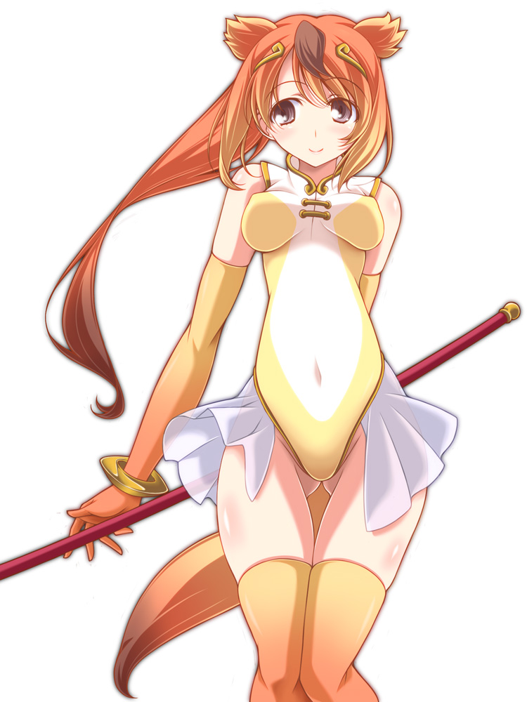 1girl animal_ears bracelet circlet closed_mouth commentary covered_navel cowboy_shot elbow_gloves gloves gluteal_fold golden_snub-nosed_monkey_(kemono_friends) half-skirt holding holding_behind_back holding_staff holding_weapon_behind_back jewelry kemono_friends kikuchi_tsutomu leotard long_hair looking_at_viewer monkey_ears monkey_tail orange_gloves orange_theme ponytail simple_background skirt smile solo staff standing tail thigh_gap white_background white_skirt wind yellow_leotard