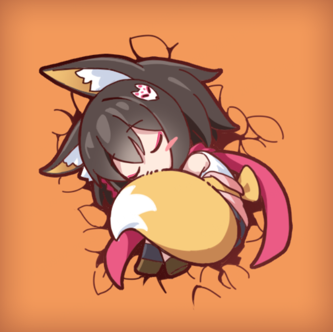 1girl animal_ear_fluff animal_ears blue_archive blush_stickers brown_hair brown_shoes chibi chibi_only closed_eyes commentary eyeshadow fox_ears fox_girl fox_hair_ornament fox_tail from_above full_body izuna_(blue_archive) long_scarf lying makeup medium_hair needle_(574187457) no_halo on_side orange_background pink_eyeshadow pink_scarf scarf shoes simple_background sleeping solo tail