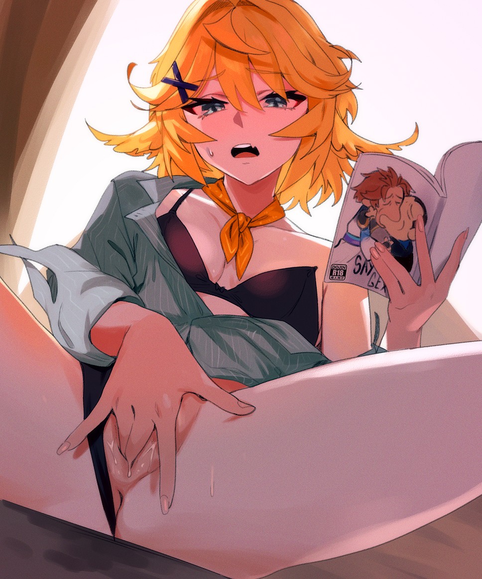 1girl anus black_bra black_panties blonde_hair blue_eyes book bra clothing_aside dokibird_(vtuber) dokibird_(vtuber)_(bounty_hunter) female_masturbation fingering green_shirt hair_between_eyes hair_ornament holding holding_book indie_virtual_youtuber masturbation open_book open_mouth panties panties_aside pornography shirt sitting solo spread_legs thernz uncensored underwear vaginal virtual_youtuber x_hair_ornament yaoi_(object)