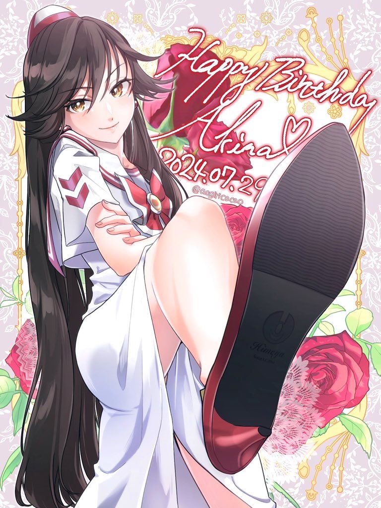 1girl akira_ferrari aogirism aria_(manga) artist_name black_footwear bow bowtie brown_eyes brown_hair closed_mouth dated dress floral_background flower foot_out_of_frame footwear_focus foreshortening hair_between_eyes happy_birthday hat high_heels himeya_company_uniform leaning_back legs long_hair looking_at_viewer red_bow red_bowtie red_footwear red_hat rose sailor_collar short_sleeves smile solo swept_bangs twitter_username two-tone_headwear very_long_hair white_dress white_hat