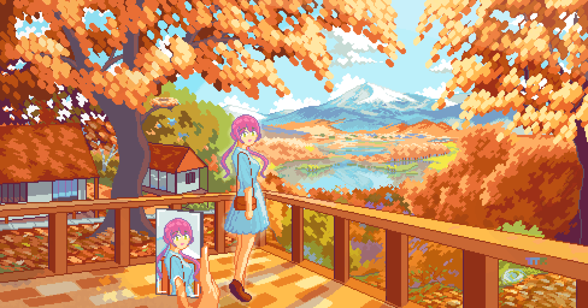 1girl autumn autumn_leaves balcony building highres house lake leaf mountain original pink_hair pixel_art reflection reflective_water scenery sky tomoruka_mr tree twintails water