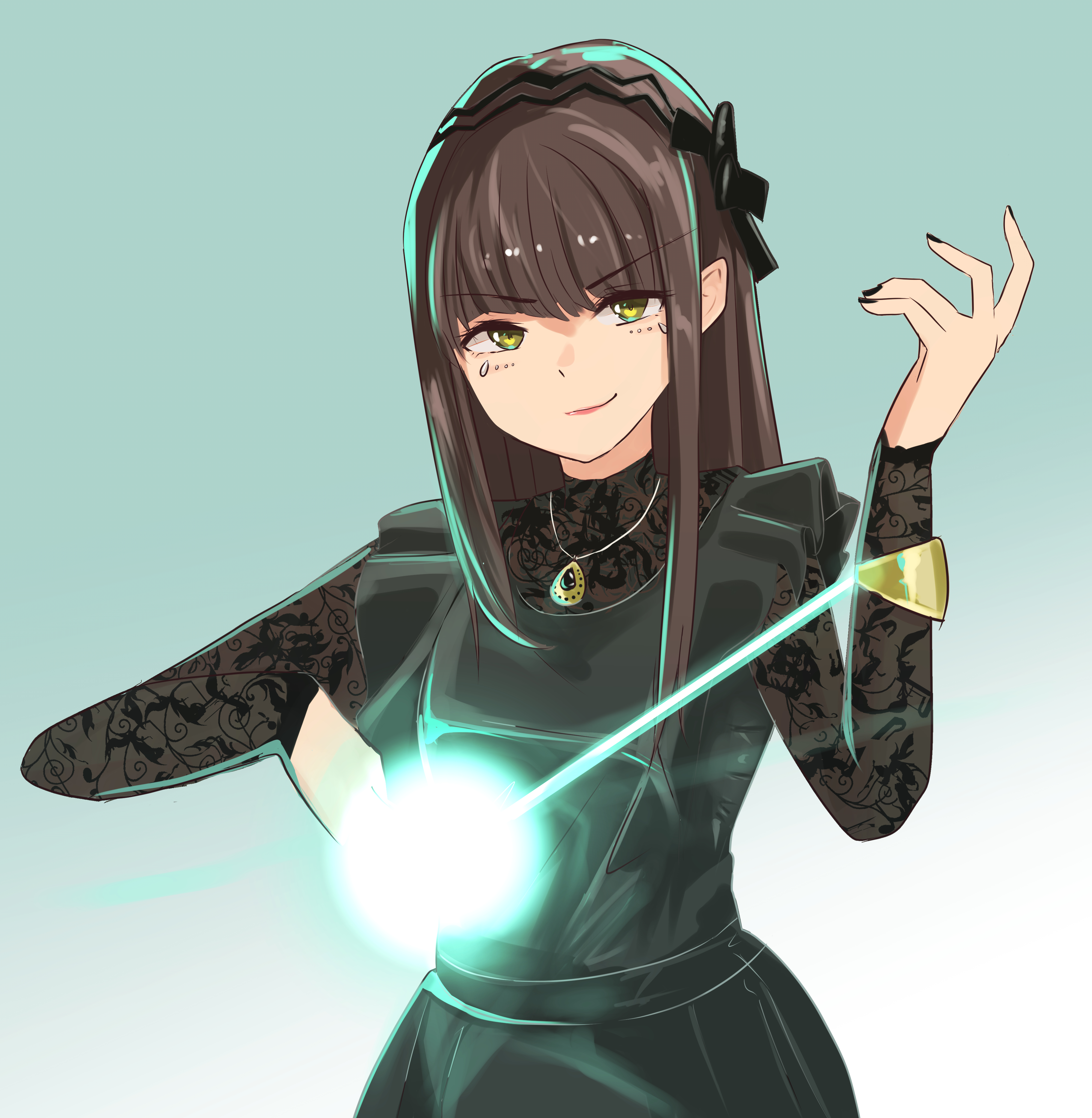 1girl absurdres alternate_form beam black_dress black_headwear black_nails brown_hair carmeara commentary_request cycloneactionx dress energy evil_smile headdress highres jewelry long_hair looking_at_viewer nail_polish necklace sidelocks smile solo straight_hair tokusatsu uesaka_sumire ultra_series ultraman_trigger_(series) upper_body voice_actor voice_actor_connection yellow_eyes