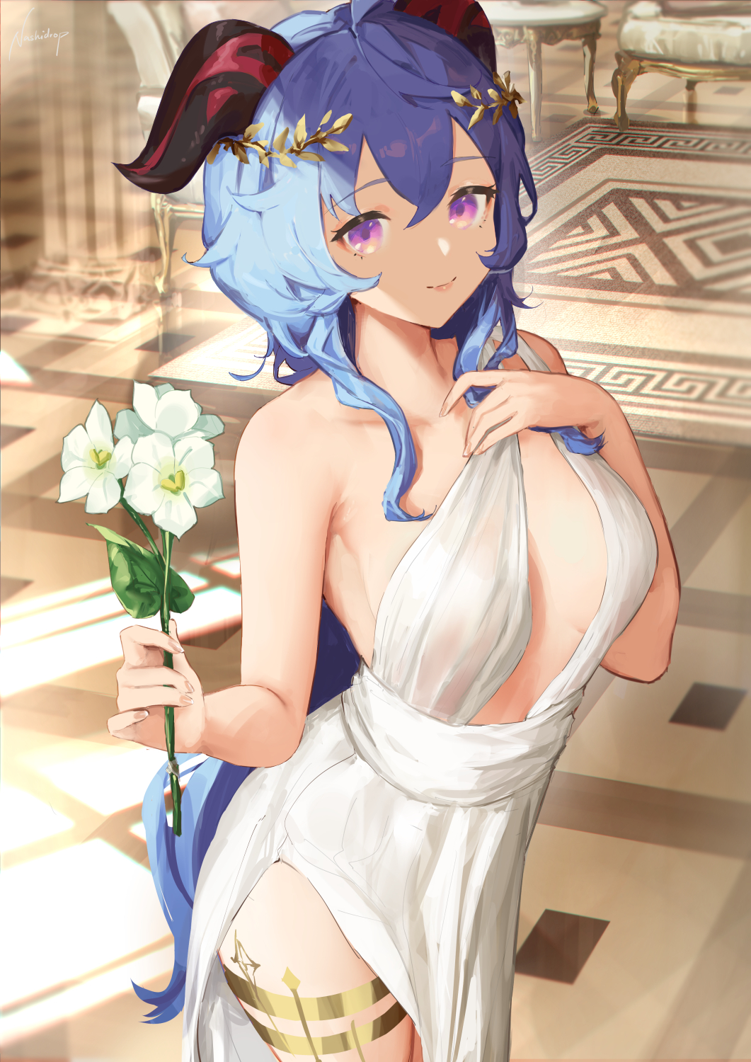 1girl alternate_costume ancient_greek_clothes blue_hair breasts chiton circlet closed_mouth collarbone curled_horns dress flower ganyu_(genshin_impact) genshin_impact goat_horns gold greco-roman_clothes highres holding holding_flower horns jewelry long_hair looking_at_viewer medium_breasts nashidrop paid_reward_available peplos purple_eyes side_slit single-shoulder_dress single_bare_shoulder single_strap sleeveless sleeveless_dress smile solo thighlet thighs very_long_hair white_dress white_flower