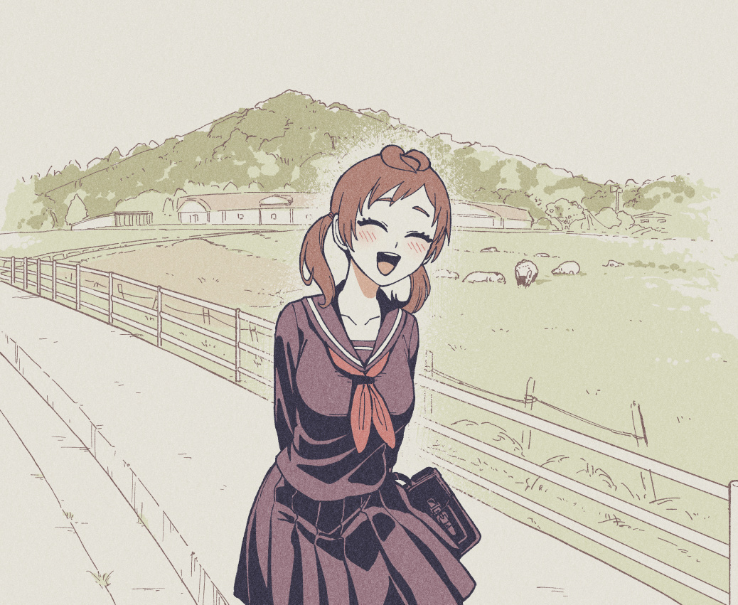1girl alternate_costume animal antenna_hair arms_behind_back black_sailor_collar black_serafuku black_shirt black_skirt blush breasts briefcase brown_hair building byackopath_(artist) closed_eyes cowboy_shot day facing_viewer fence field holding holding_briefcase komiya_nikuru_(byackopath) large_breasts long_sleeves medium_hair mountain neckerchief open_mouth original outdoors pleated_skirt red_neckerchief rural sailor_collar school_briefcase school_uniform serafuku shirt skirt smile solo standing twintails