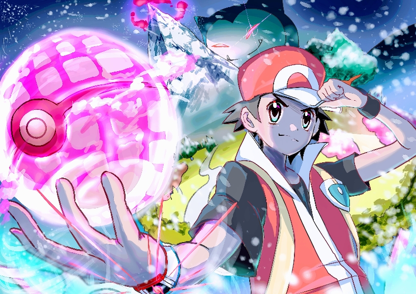 1boy baseball_cap closed_mouth commentary_request dynamax dynamax_ball dynamax_band energy fangs gen_1_pokemon gigantamax gigantamax_snorlax glowing glowing_eyes hand_on_headwear hand_up hat jacket male_focus nintendo noppe pokemon pokemon_(creature) pokemon_frlg red_(pokemon) red_headwear red_jacket shirt short_hair short_sleeves sleeveless sleeveless_jacket snorlax strap t-shirt tree vs_seeker wristband