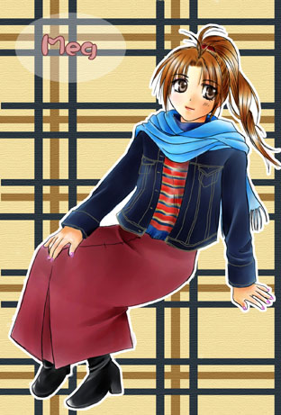 1girl blue_scarf boots brown_eyes brown_hair casual character_name dress female_focus gensou_suikoden gensou_suikoden_i gensou_suikoden_ii jacket lowres meg_(suikoden) nino_(nino_imo) plaid_background scarf solo striped_clothes