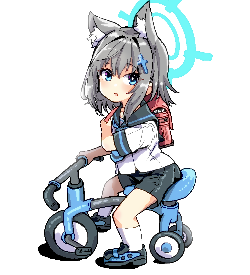 1girl aged_down alternate_costume blue_archive child halo looking_at_viewer mengnaidu school_uniform serafuku shiroko_(blue_archive) short_shorts shorts solo white_background