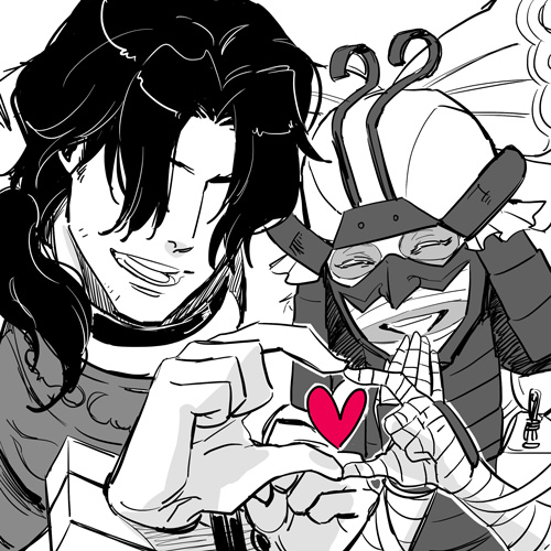 2boys :d ^_^ armor bandaged_arm bandaged_head bandages closed_eyes couple covered_eyes greyscale hair_over_eyes hand_on_own_face heart heart_hands helmet japanese_armor kabuto_(helmet) kuroda_kanbei_(sengoku_basara) lowres male_focus monochrome multiple_boys ootani_yoshitsugu_(sengoku_basara) open_mouth ponytail portrait sengoku_basara simple_background smile spot_color stocks white_background yaoi yona_(waiko)