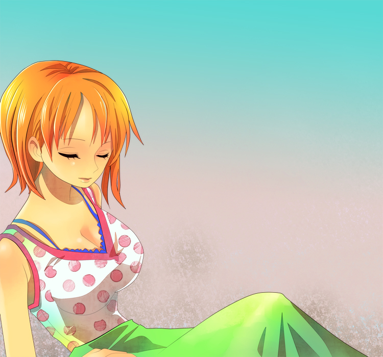 1girl breasts cleavage closed_eyes female_focus himerinco large_breasts nami_(one_piece) one_piece orange_hair solo under_covers