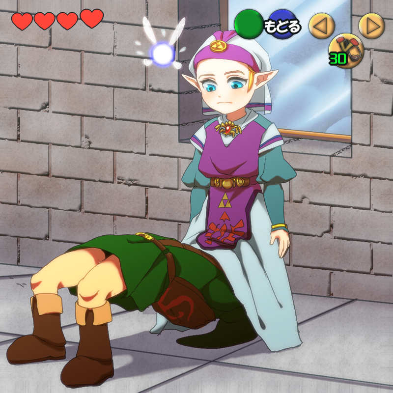 1boy 1girl aqua_sleeves belt blonde_hair blue_eyes body_bridge boots brick_wall brooch brown_belt brown_footwear chichi_band closed_mouth commentary_request deku_shield dress fairy full_body gameplay_mechanics green_hat green_tunic hat hetero jewelry juliet_sleeves kodomo_doushi link long_sleeves looking_down navi nintendo princess_zelda puffy_sleeves purple_dress purple_hat shield shield_on_back shoulder_belt the_legend_of_zelda the_legend_of_zelda:_ocarina_of_time triforce tunic two-tone_dress two-tone_headwear under_another&#039;s_clothes white_dress white_hat wimple window wooden_shield young_link young_zelda