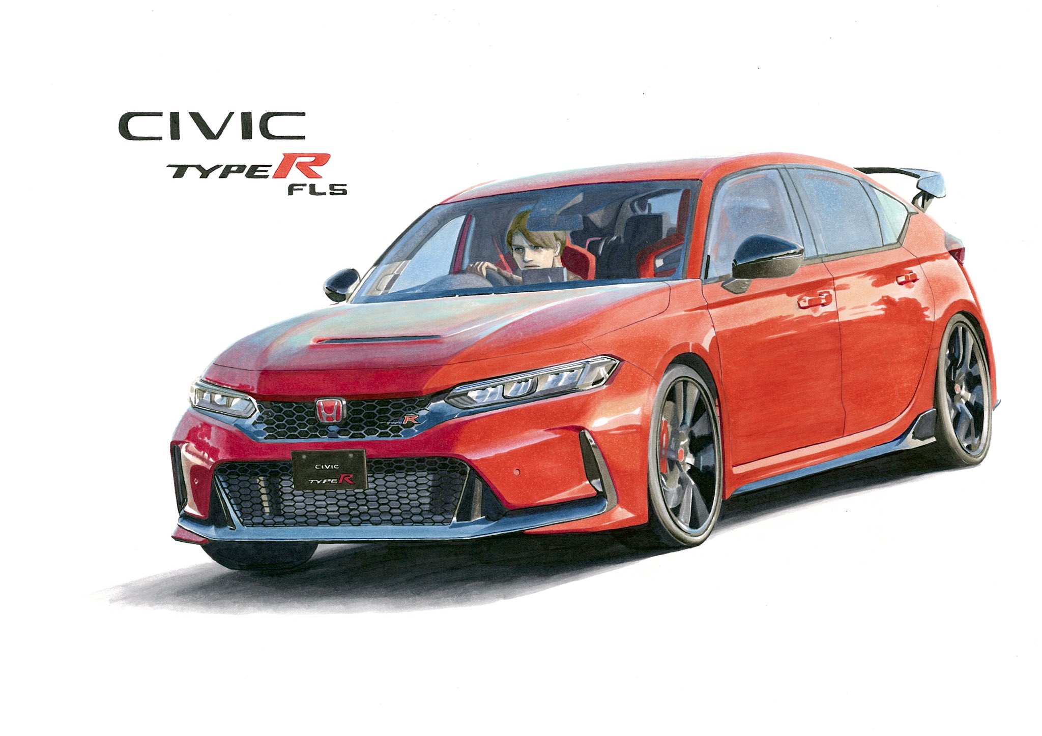 1boy brown_hair car driving frown highres honda honda_civic honda_civic_type_r looking_ahead motor_vehicle original red_car right-hand_drive shadow short_hair simple_background spoiler_(automobile) sumakun vehicle_focus vehicle_name white_background