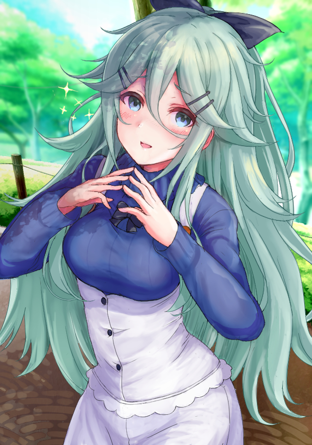 1girl black_ribbon blouse blue_sky breasts bush cloud cloudy_sky cowboy_shot day em_s grass green_hair hair_between_eyes hair_flaps hair_ornament hair_ribbon hairclip kantai_collection long_hair long_sleeves looking_at_viewer medium_breasts official_alternate_costume outdoors park path ponytail purple_shirt ribbon road shirt skirt sky solo suspender_skirt suspenders tree white_skirt yamakaze_(anniversary)_(kancolle) yamakaze_(kancolle)