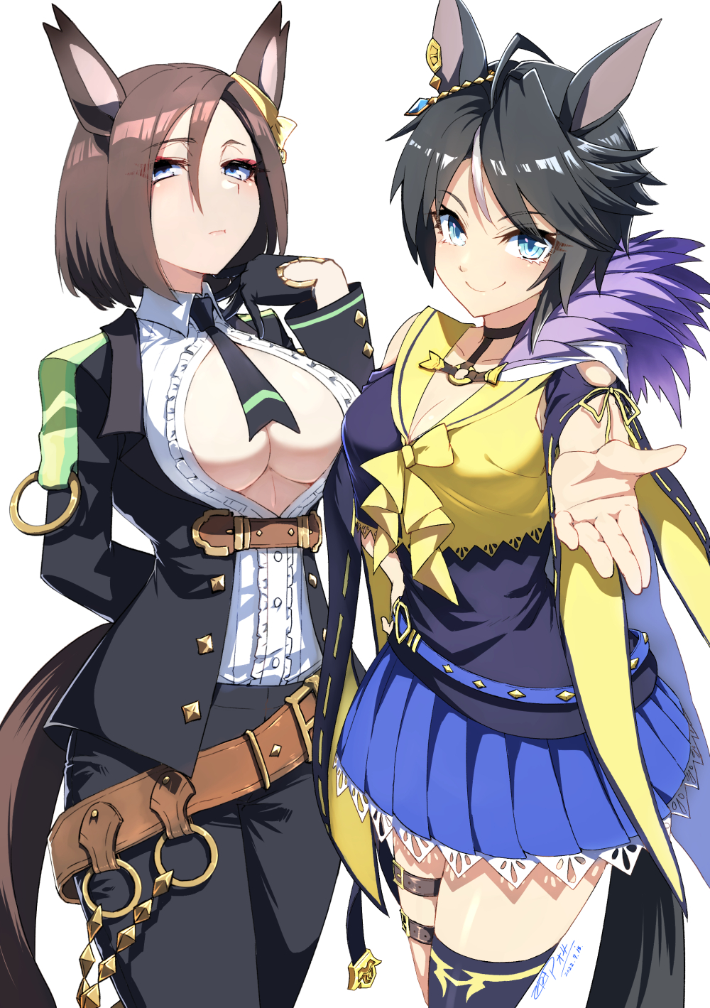 2girls ahoge air_groove_(umamusume) air_groove_(umamusume)_(cosplay) animal_ears arm_behind_back bare_shoulders belt black_choker black_gloves black_hair black_jacket black_necktie black_pants black_shirt black_thighhighs blue_belt blue_eyes blue_skirt bow bowtie breasts brown_belt brown_hair center_frills center_opening choker cleavage closed_mouth clothing_cutout collarbone collared_shirt commentary_request cosplay costume_switch cowboy_shot dated ear_bow ear_ornament ear_piercing eyeshadow frilled_shirt frills fuji_kiseki_(umamusume) fuji_kiseki_(umamusume)_(cosplay) gloves gold_trim hair_between_eyes half_gloves hand_on_own_hip hand_up highres horse_ears horse_girl horse_tail jacket large_breasts leather_belt long_sleeves looking_at_viewer makeup medium_breasts miniskirt multicolored_hair multiple_girls necktie pants parted_bangs piercing pleated_skirt reaching reaching_towards_viewer red_eyeshadow ribbon-trimmed_sleeves ribbon_trim sailor_collar shirt short_hair short_sleeves shoulder_cutout sidelocks signature simple_background single_thighhigh skirt smile standing tail thigh_strap thighhighs tsunemi_aosa umamusume underbust white_background white_hair white_shirt wide_sleeves yellow_bow yellow_bowtie yellow_sailor_collar