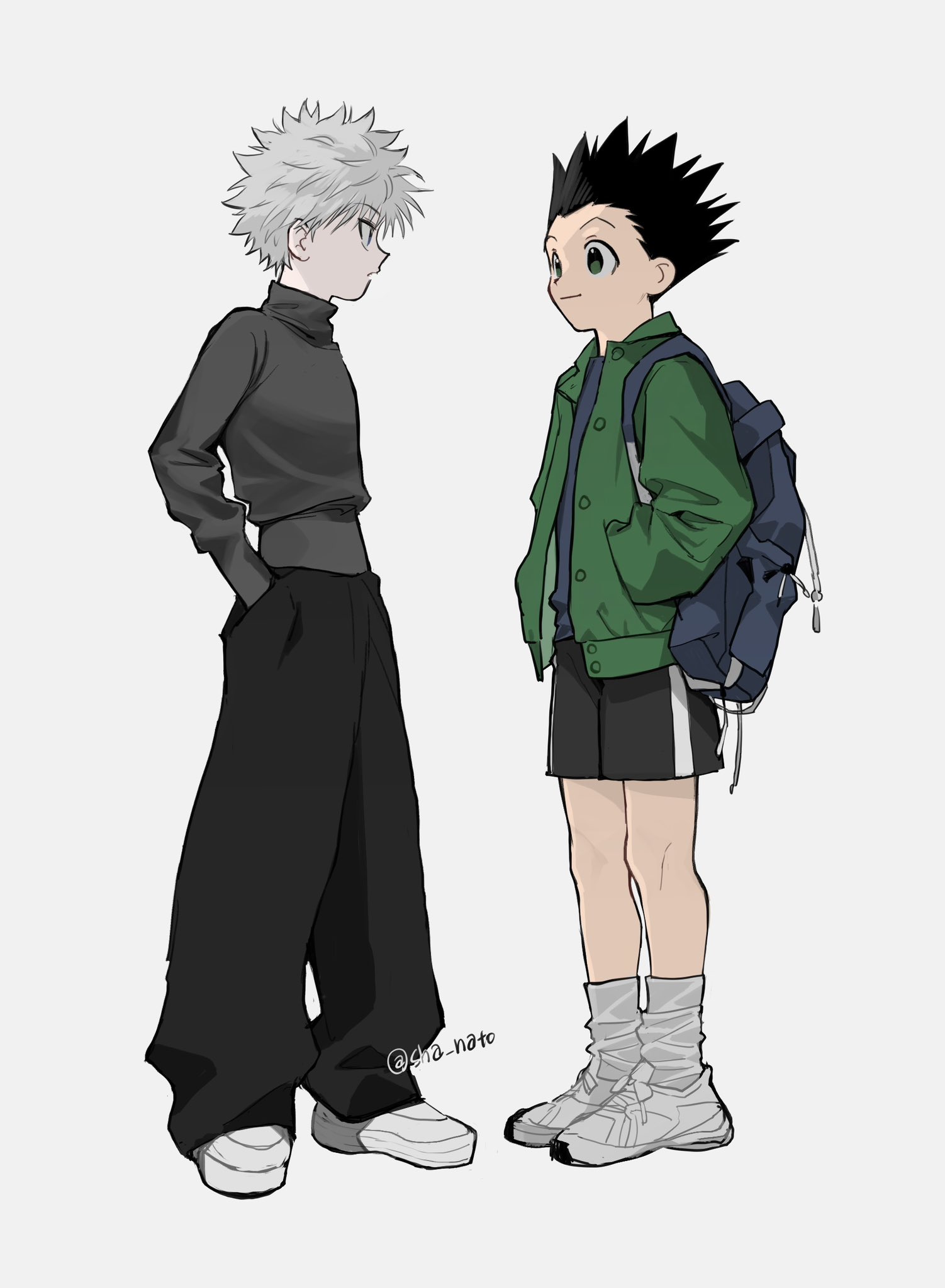 2boys alternate_costume black_hair black_pants black_shorts closed_mouth full_body gon_freecss green_jacket grey_shirt grey_socks hand_in_pocket highres hunter_x_hunter jacket killua_zoldyck long_sleeves looking_ahead male_focus multiple_boys pants sha_nato shirt shoes short_hair shorts simple_background single_vertical_stripe smile socks striped_clothes striped_shorts turtleneck twitter_username vertical-striped_clothes vertical-striped_shorts white_background white_hair white_shoes