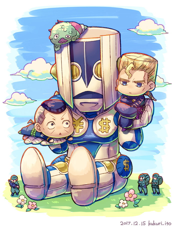 4boys bad_company_(stand) bad_id bad_pixiv_id black_hair blonde_hair blue_eyes chibi dollar_sign dyresbroom earrings family flattop flower gakuran grey_hair jewelry jojo_no_kimyou_na_bouken male_focus mini_person miniboy multicolored_hair multiple_boys nijimura&#039;s_father nijimura_keicho nijimura_okuyasu pompadour school_uniform sitting sky stand_(jojo) the_hand_(stand) two-tone_hair yen_sign