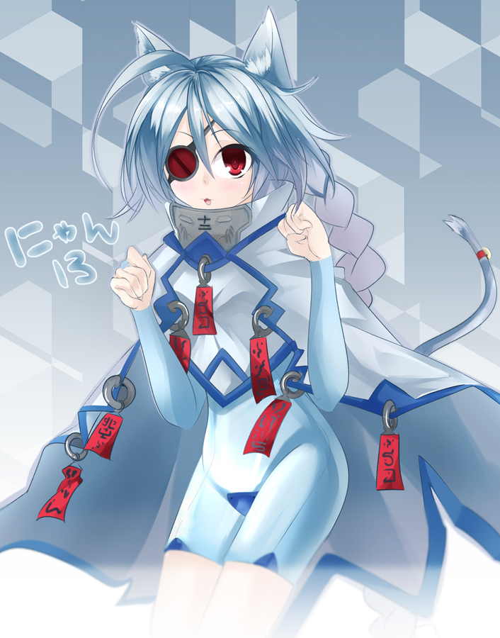 ahoge animal_ears art_is_de4d blazblue bodysuit cat_ears cat_tail eyepatch nu-13 red_eyes silver_hair solo tail