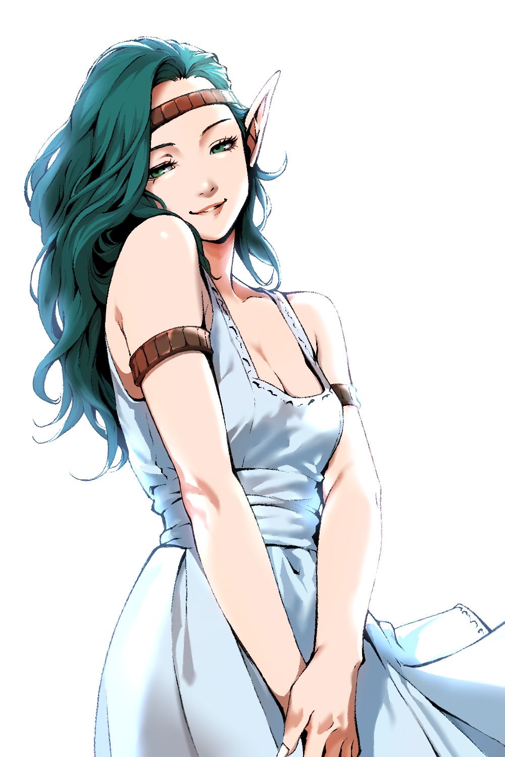 1girl breasts character_request cleavage commentary_request demon_(megami_tensei) dress eyelashes fairy green_eyes green_hair highres long_hair macossa megami_tensei nail_polish pointy_ears simple_background smile solo wavy_hair white_background white_dress white_nails
