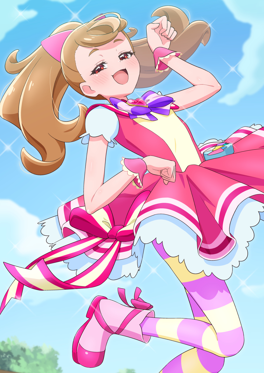 1girl blush boots bow bowtie brooch brown_hair cloud commentary_request cosplay cure_wonderful cure_wonderful_(cosplay) dress hair_bow heart heart_brooch highres inukai_komugi jewelry long_hair magical_girl open_mouth paid_reward_available pink_boots pink_bow pink_dress ponytail precure puffy_short_sleeves puffy_sleeves purple_bow purple_bowtie red_eyes self_cosplay short_sleeves sky smile solo sparkle striped_clothes striped_thighhighs thighhighs tiler_(tiler00) tree white_sleeves wonderful_precure! wrist_cuffs