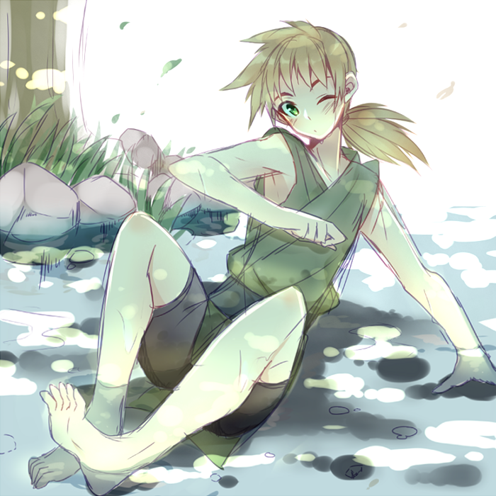 1boy ;o armpits bare_arms bare_legs bare_shoulders barefoot bishounen black_shorts blonde_hair blush_stickers character_request commentary_request copyright_request emblem full_body grass green_eyes green_shirt hand_on_ground high-waist_shorts japanese_tankery_league_(emblem) knees_apart_feet_together long_hair looking_at_viewer low_ponytail male_focus one_eye_closed outdoors parted_lips partially_submerged ponytail river rock shirt shorts sitting solo toes tree usamata white_background
