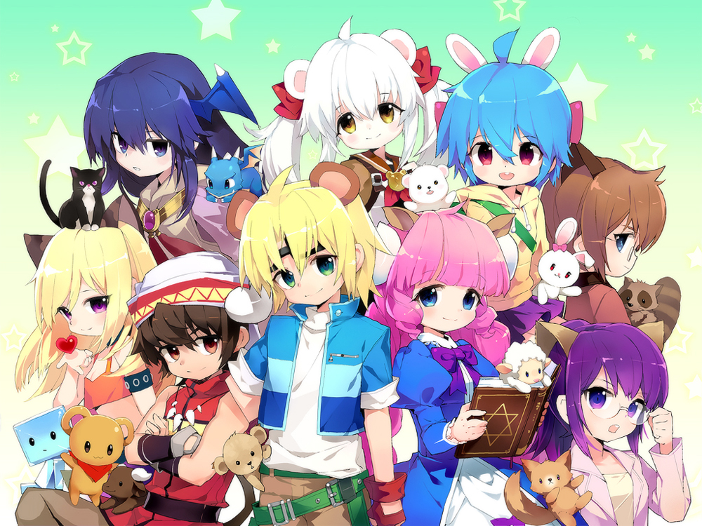 4boys 5girls adjusting_eyewear ahoge animal_ears bear bear_ears belt blonde_hair blue_dress blue_eyes blue_hair blue_shirt blunt_bangs blush book braid brown_hair brown_jacket brown_pants brown_robe brown_sailor_collar buffalo buffalo_(trickster) bunny_(trickster) cat cat_(trickster) cat_ears closed_mouth cow_horns double-parted_bangs dragon dragon_(trickster) dragon_wings dress fox fox_(trickster) fox_ears glasses gradient_background green_background green_belt green_eyes head_wings heart holding holding_book hood hoodie horns jacket light_smile lion lion_(trickster) lion_ears long_hair long_sleeves mimi_(ranma3049) multiple_boys multiple_girls official_art open_book open_mouth orange_tank_top pants parted_bangs pink_hair pink_jacket polar_(tricster) polar_bear ponytail puffy_sleeves purple_eyes purple_hair purple_skirt rabbit rabbit_ears raccoon raccoon_(trickster) raccoon_ears red_eyes red_vest robe sailor_collar sheep sheep_(trickster) sheep_ears sheep_horns shirt short_hair short_sleeves sidelocks skirt star_(symbol) tank_top trickster_(ntreev_soft) twin_braids twintails vest white_hair white_shirt wings yellow_background yellow_hood yellow_hoodie yellow_shirt