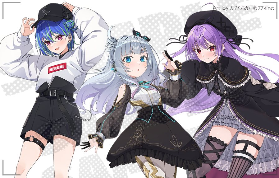 3girls and_uge arms_up asymmetrical_legwear bare_shoulders baseball_cap beret black_capelet black_dress black_headwear black_shorts black_skirt blue_eyes blue_hair brown_thighhighs capelet clothing_cutout commentary_request copyright_notice crossover dress finger_cots frilled_capelet frilled_skirt frills grey_hair grey_skirt hair_between_eyes hair_bun hair_ornament hands_on_headwear hat leaning_forward long_sleeves mismatched_legwear multicolored_hair multiple_girls nanashi_inc. official_art polka_dot puffy_long_sleeves puffy_sleeves purple_hair red_eyes shirt shisui_kiki shisui_kiki_(2nd_costume) short_eyebrows shorts shoulder_cutout single_side_bun skirt sleeves_past_fingers sleeves_past_wrists streaked_hair suzumi_nemo suzumi_nemo_(2nd_costume) tapioka_(oekakitapioka) thick_eyebrows thighhighs v_ap_art virtual_youtuber white_background white_shirt