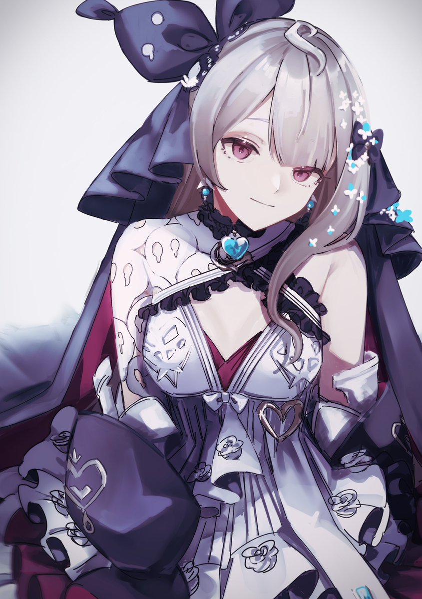 1girl ahoge black_hairband breasts choker detached_sleeves dress earrings grey_hair hairband heart heart-shaped_gem heart_necklace jewelry lace lace_choker looking_at_viewer medium_breasts necklace nijisanji nijisanji_en official_alternate_costume pale_skin peridot_(periperi_8) purple_eyes reimu_endou reimu_endou_(2nd_costume) simple_background single_bare_shoulder smile solo virtual_youtuber white_background white_dress