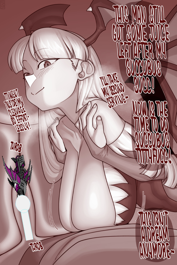 1boy 1girl bare_shoulders bat_wings black_leotard blush breasts censored cleavage collarbone darkstalkers demon_girl ekz_(robotekz) english_text hetero large_breasts leaning_forward leotard long_hair looking_at_viewer monochrome morrigan_aensland paizuri penis simple_background smile speech_bubble wings