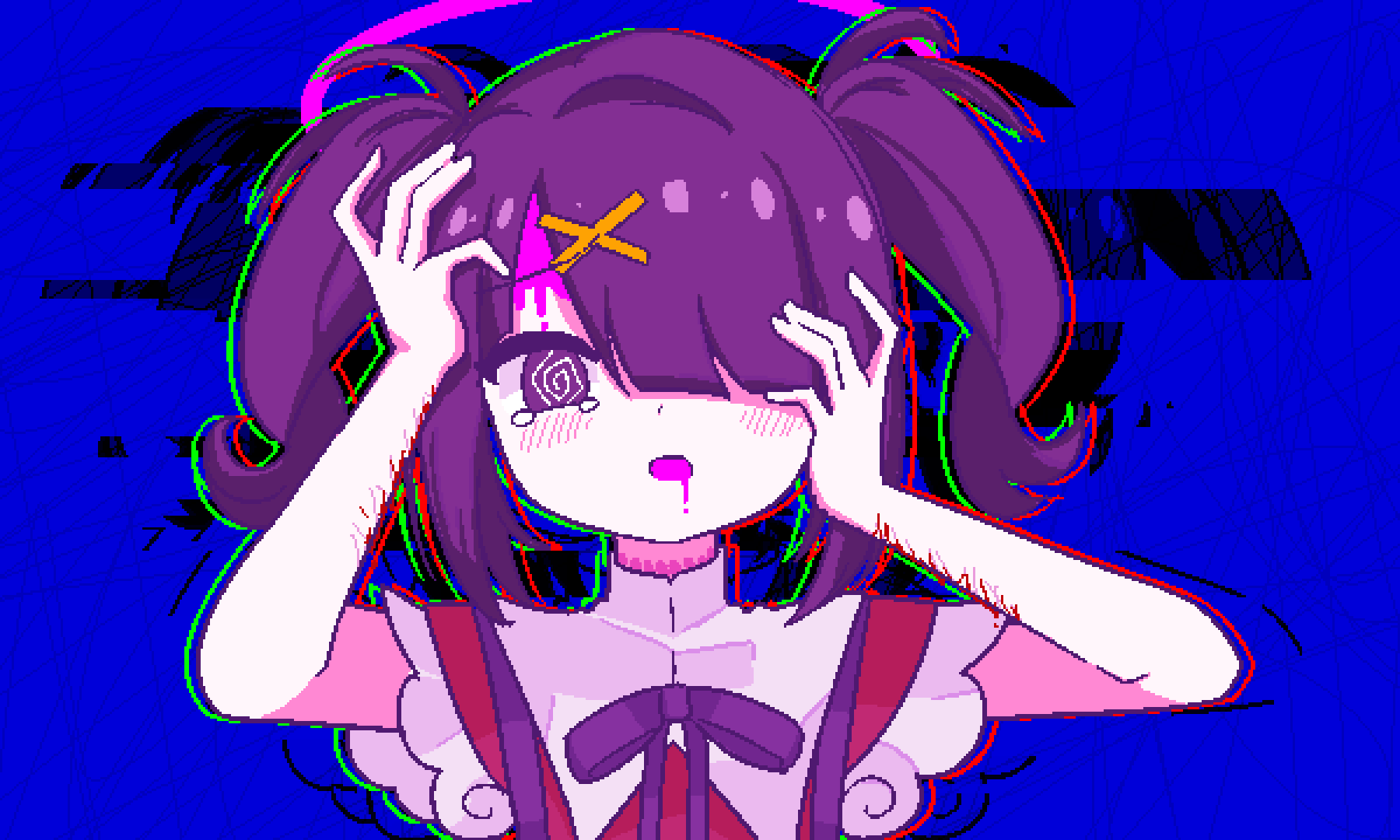 1girl @_@ ame-chan_(needy_girl_overdose) bare_arms blood blue_background blush chibikki drooling hair_ornament hair_over_one_eye hands_up highres looking_at_viewer medium_hair mouth_drool needy_girl_overdose one_eye_covered open_mouth pixel_art self-harm self-harm_scar simple_background solo straight-on tearing_up twintails upper_body wrist_cutting x_hair_ornament