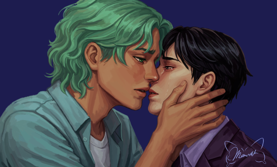 2boys baxter_ward black_hair blue_coat brown_eyes coat collared_shirt cove_holden crying crying_with_eyes_open green_eyes green_hair hand_on_another&#039;s_face hand_on_another&#039;s_head imminent_kiss looking_at_another male_focus mole mole_on_neck monarch_chimera multiple_boys open_mouth our_life our_life:_beginnings_and_always parted_lips portrait purple_coat purple_shirt shirt short_hair sideburns tears wavy_hair white_shirt yaoi