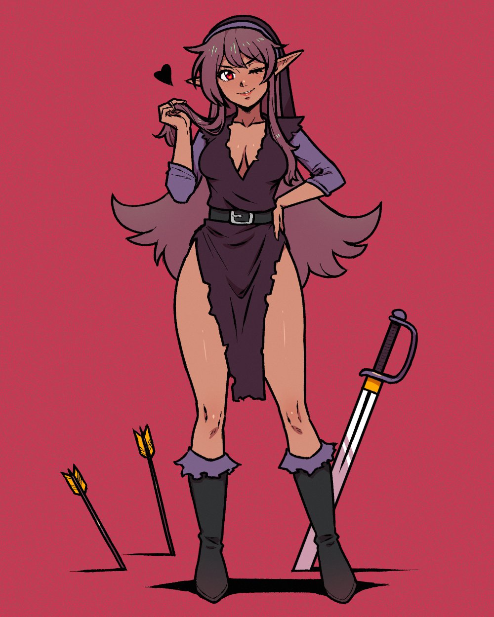 1girl akairiot arrow_(projectile) belt boots breasts cleavage dark-skinned_female dark_link dark_persona dark_skin fur_trim genderswap genderswap_(mtf) hat highres long_hair long_sleeves medium_breasts nintendo one_eye_closed pointy_ears red_eyes smile sword the_legend_of_zelda torn_tunic tunic weapon