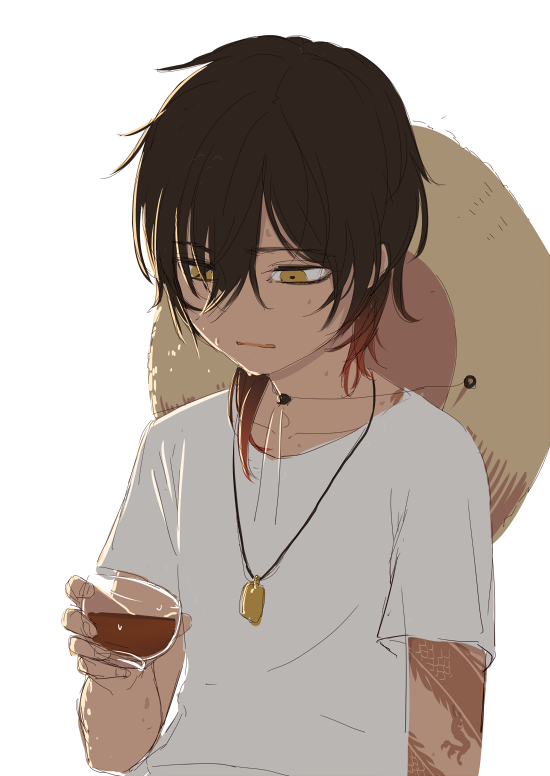 1boy aged_down arm_tattoo brown_hair collarbone cup dragon_tattoo hair_between_eyes hat holding holding_cup jewelry leuco looking_down male_focus multicolored_hair necklace ookurikara orange_hair shirt simple_background solo straw_hat sun_hat sweat tattoo touken_ranbu upper_body white_background white_shirt yellow_eyes