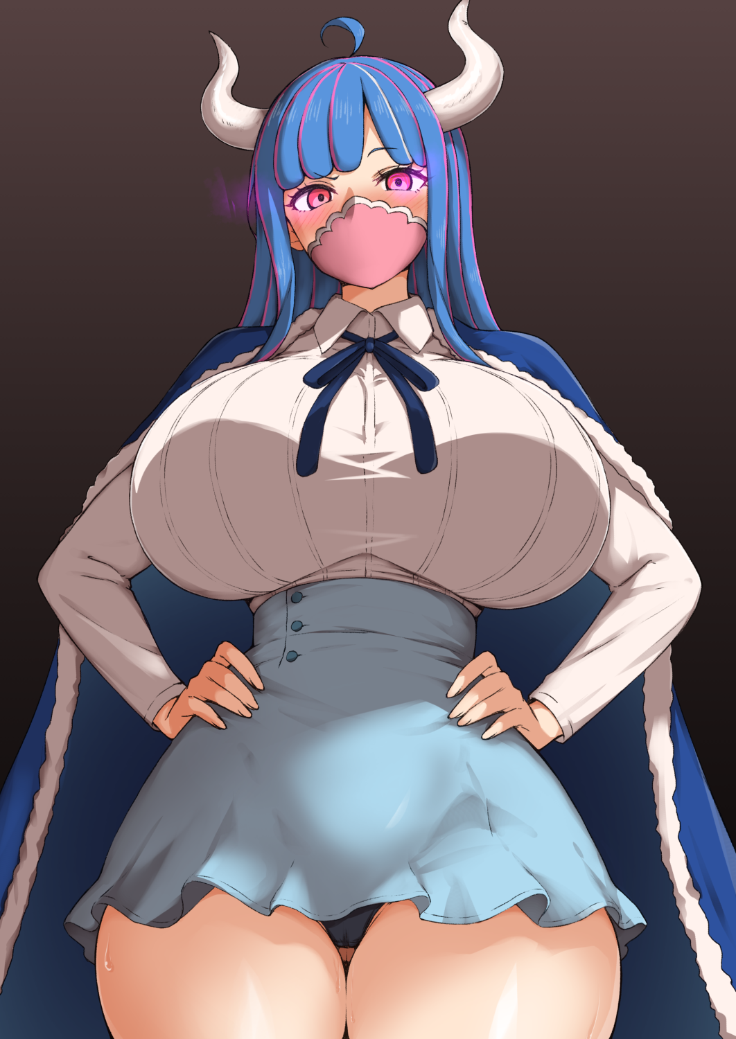 1girl ahoge black_background black_panties blue_cape blue_hair blue_ribbon blue_skirt blush breasts cameltoe cape collared_shirt commentary covered_mouth cowboy_shot curled_horns eyelashes fur-trimmed_cape fur_trim glaring hands_on_own_hips high-waist_skirt highres horns huge_breasts long_hair long_sleeves looking_at_viewer mask miniskirt mouth_mask multicolored_hair neck_ribbon one_piece paid_reward_available panties pantyshot parted_bangs pink_eyes pink_hair pink_mask ribbed_shirt ribbon shirt shirt_tucked_in sidelocks simple_background skirt solo sound_effects speech_bubble standing streaked_hair thigh_gap thighs two-tone_hair ulti_(one_piece) underwear v-shaped_eyebrows white_horns white_shirt wing_collar yamaori